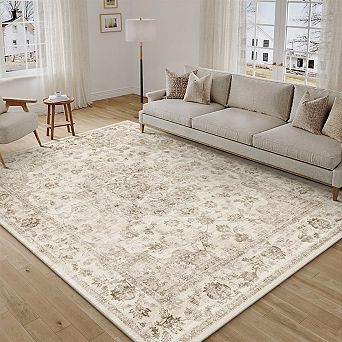 Vintage Floral Neutral Area Rug Soft Stain Resistant Machine Washable Multifunctional