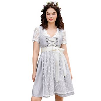 Women's Vintage V Neck Bow Waist Lace Short Sleeve Dress