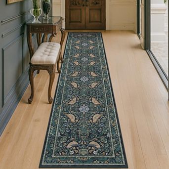 Washable Non Slip Low Pile Floral Runner Rug For High Traffic Areas