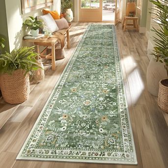 Boho Floral Runner Rug Soft Non Slip Stain Resistant Low Pile Washable