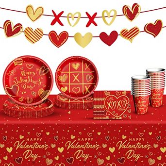 Valentine's Day Tableware Set, Red Heart Plates, Napkins, Cups, Banner, Serves 24