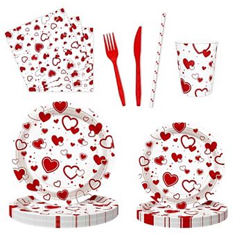 112 pc Red Heart Valentines & Galentine's Day Party Set - Plates, Cups, Napkins for 16