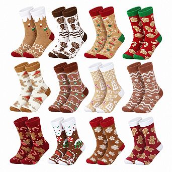 12 Pairs Christmas Gingerbread Socks Novelty Holiday Gift Set