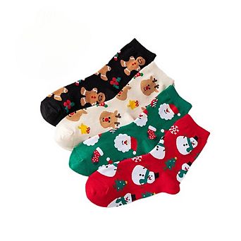 4 Pairs Women's Christmas Santa Novelty Crew Socks, Fun Multi‑Pack Holiday Socks