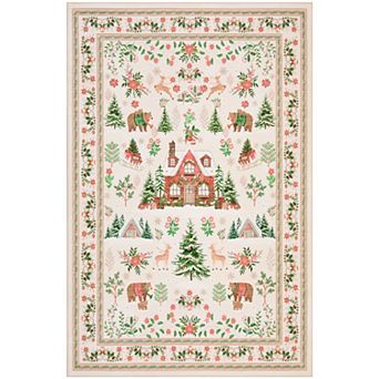 Snow Roof Cottage Bear Sleigh Rug Machine Washable Non-Slip Living Room Bedroom