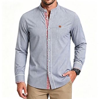 Men's Stand Collar Plaid Shirt Long Sleeve Patchwork Oktoberfest Casual
