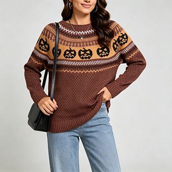 ShopWonder Women Pumpkin Embroidered Fair Isle Vintage Crew Neck Knit Long Sleeve Pullover Sweater