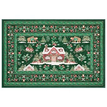 Machine Washable Christmas Rug with Cottage and Woodland Animal Holiday Carpet