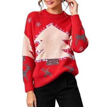 Women's Christmas Sweater Sequin Christmas Tree Knit Long Sleeve Round Neck Casual Holiday Sweater