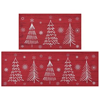 Water Washable Christmas Tree 2 pc Kitchen Mat Set Non-Slip Carpet