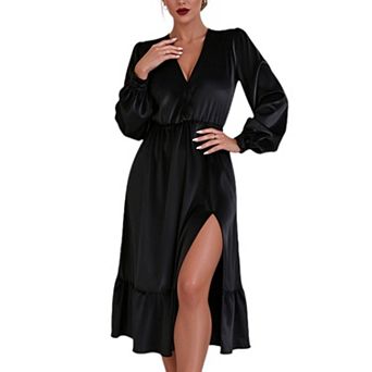 Women's V Neck Long Sleeve Midi Dress High Waist Split Ruffle Hem Elegant Flowy Party Dress