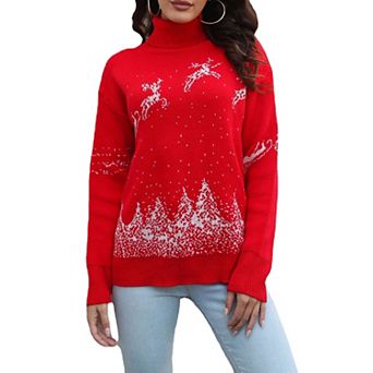 Women's Christmas Reindeer Turtleneck Sweater Long Sleeve Loose Fit Knit Pullover Winter Holiday Top