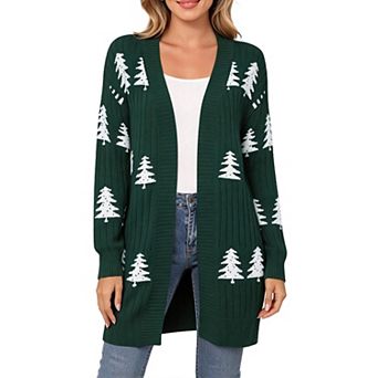 GloryStar Women's Christmas Crew Neck Cardigan Open Front Long Sleeve Knit Casual Holiday Sweater