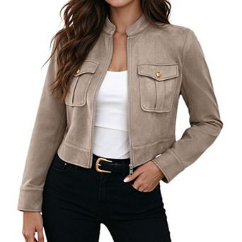 Women's Stand Collar Zip Up Cropped Jacket Flap Pocket Long Sleeve Slim Casual Outerwear