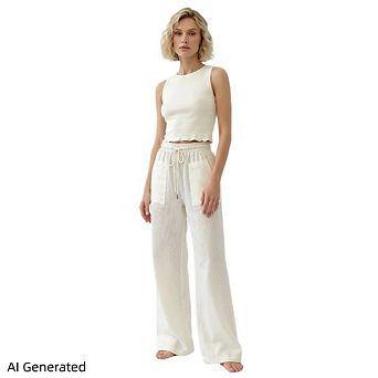Women's Plus Size Linen Wide Leg Palazzo Pants, Drawstring Flowy Beach Trousers With Pockets