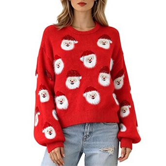 Women's Santa Claus Ugly Christmas Sweater Long Sleeve Crew Neck Knit Pullover Loose Fit Holiday Top