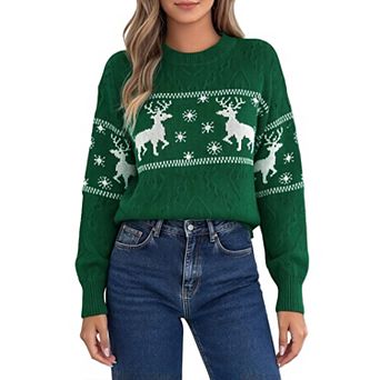 Women Christmas Sweater Reindeer Snowflake Knit Crew Neck Long Sleeve Holiday Pullover Sweaters