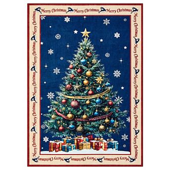 Christmas Area Rugs, Xmas Tree Balls Ribbons Gift Boxes Washable Vintage Carpet for Holiday Decor