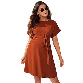 Women's Short Sleeve Crewneck Basic Solid Tie Waist Office Dresses