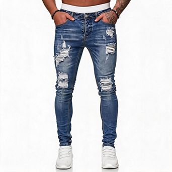 Men Ripped Skinny Jeans Distressed Stretch Slim Denim Pants For Streetwear Daily Club Casual Wear
