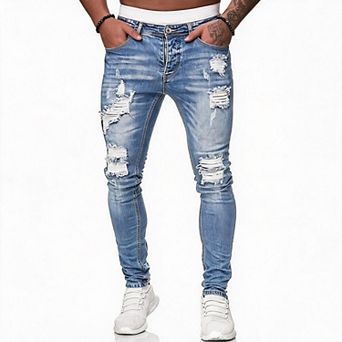 Men Ripped Skinny Jeans Distressed Stretch Slim Denim Pants For Streetwear Daily Club Casual Wear