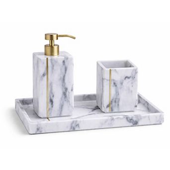 3 pc Bathroom Accessory Set, Resin with Brass Inlay Soap Dispenser, Tumbler & Vanity Tray
