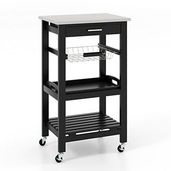 Costway Compact Kitchen Island Cart Rolling Service Trolley with Stainless Steel Top Basket