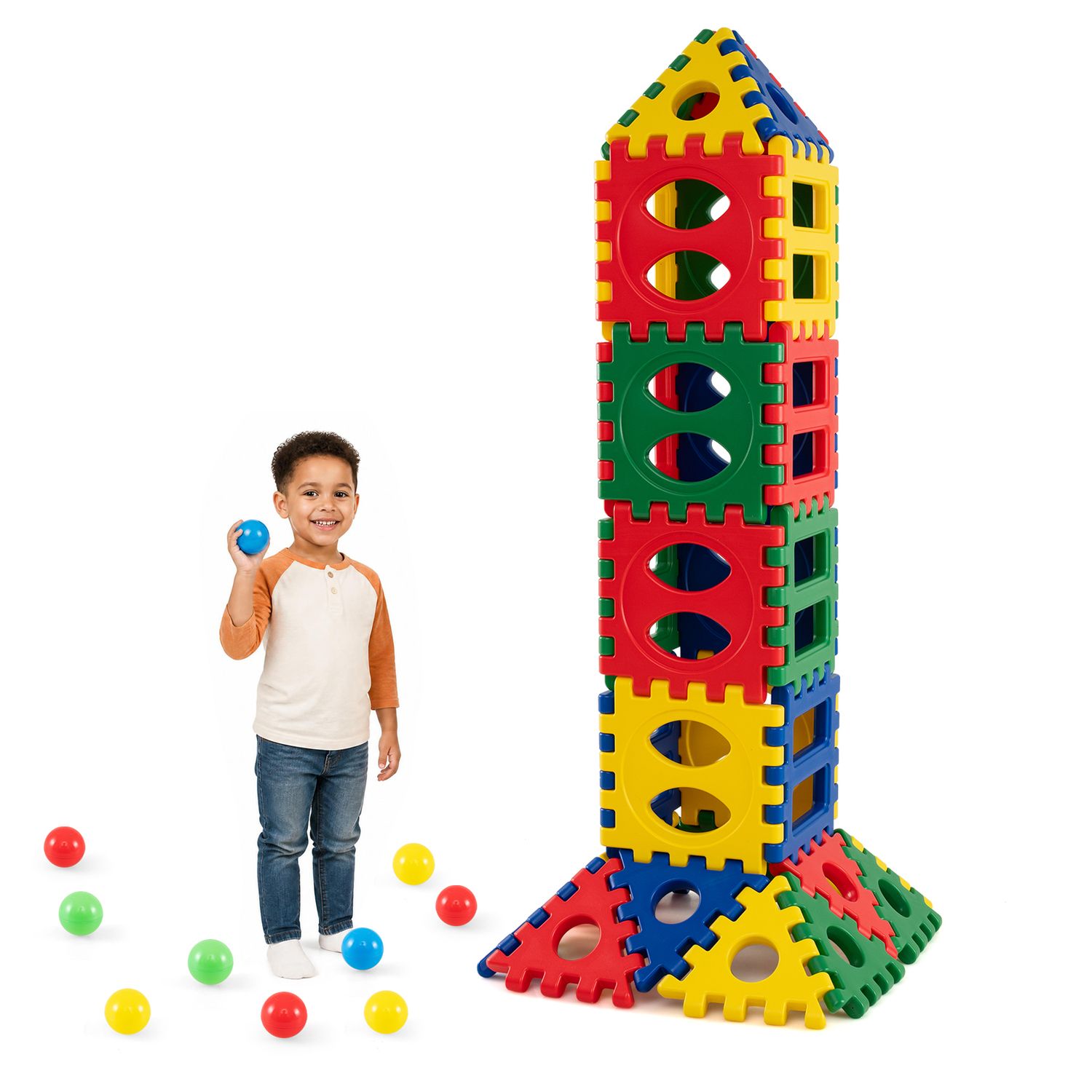 Детские конструкторы Costway 32 pc Oversized Waffle Block Set with 10 Ocean Balls, Grid Building Toys