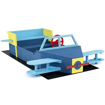 Costway Large Wooden Kids Sandbox with Bottom Liner, Glider-Shape Outdoor Sand Box