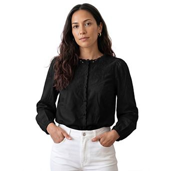 Women's Blouse Round Neck Button Down Lantern Sleeves Elegant Lace Shirt Top
