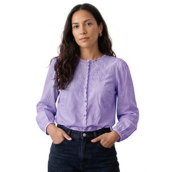 Women's Blouse Round Neck Button Down Lantern Sleeves Sheer Embroidered Elegant Lace Mesh Shirt Top