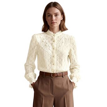 Women's Blouse Floral Lace Ruffle Mock Neck Hollow Out Button Down Long Lantern Sleeve Shirts Tops