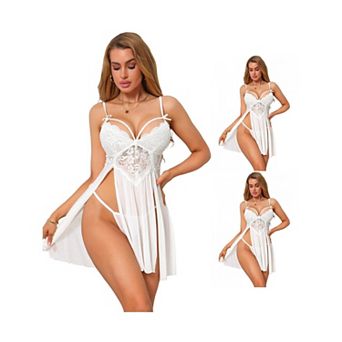 3 Packs Side Split Lingerie for Women Lace Mesh See Through Sleepwear V Neck Nightgown