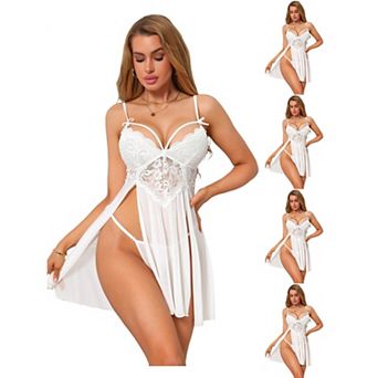 5 Packs Side Split Lingerie for Women Lace Mesh See Through Sleepwear V Neck Nightgown