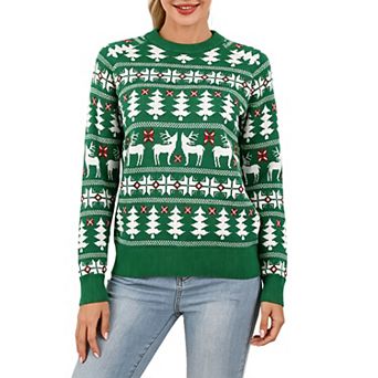 GloryStar Women Christmas Long Sleeve Sweater Reindeer Snowflake Pattern Holiday Pullover Knitwear