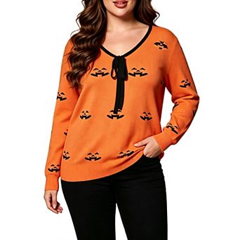 GloryStar Plus Size Halloween Sweaters for Women v Neck Bow Tie Long Sleeve Pumpkin Sweaters