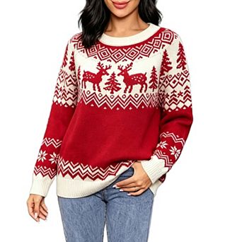 GloryStar Women Christmas Reindeer Sweater Long Sleeve Crew Neck Knit Holiday Pullover Sweater