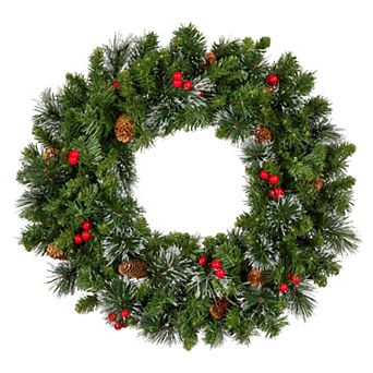 National Tree Company 24" Crestwood® Spruce Wreath with Silver Bristle, 9 Cones, 50 Clear Lights