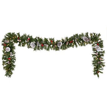 National Tree Company 9'x10" Frosted Berry Garland with 5 Big Cones, 10 Sets Red Berries, 100 Lights
