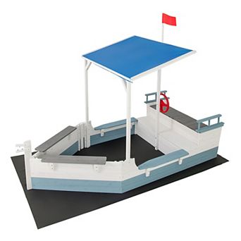 Costway Fir Wood Sandbox with Sloping Canopy Liner Multiple Seats Large Storage Space