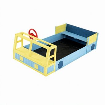 Costway Kids Wooden Sandbox, Large Car-Theme Sand Box with Bottom Liner and Fir Wood Frame