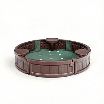 Costway 4F Wooden Sandbox with Built-in Corner Seat, Cover, Bottom Liner for Outdoor Play