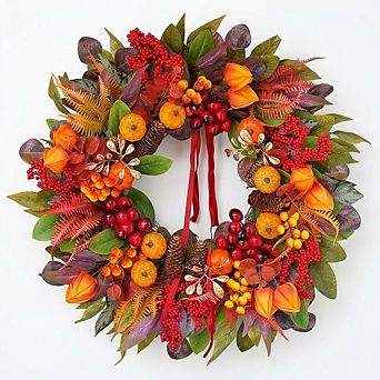 24-Inch Fall Harvest Thanksgiving Wreath with Pumpkins for Front Door
