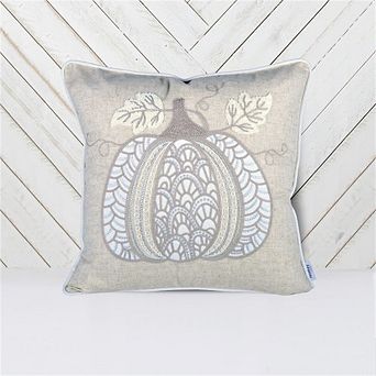 Lace Embroidered Pumpkin Throw Pillow, 20x20"Linen-Blend Decorative Cushion, Pumpkin Embroidery