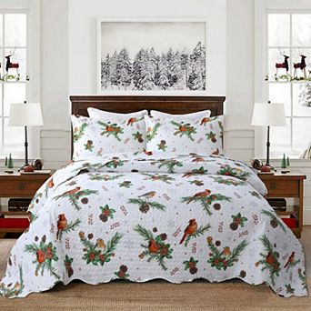 Marcielo 3 pc Winter Cardinals Christmas Quilt Bedspread Set
