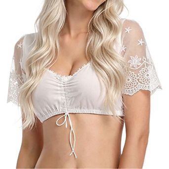 Women's Blouse Crop Top V Neck Embroidered Lace Short Sleeve Drawstring Dirndl Oktoberfest Shirt