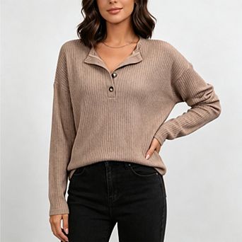 Women's Fall Henley Long Sleeve Ribbed Knit Casual Tunic Top
