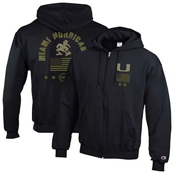 Men's Champion Black Miami Hurricanes Operation Hat Trick Flag Powerblend Fleece Full-Zip Hoodie