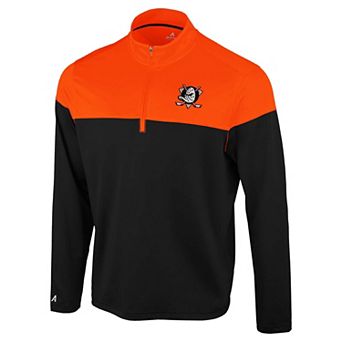 Men's Antigua Black/Orange Anaheim Ducks Hinder Quarter-Zip Pullover