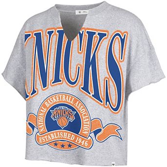 Women's '47 Gray New York Knicks Banners Out Oversized Notch Neck T-Shirt